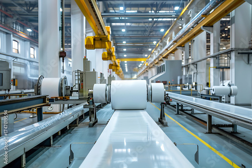 Industrial paper converting machine producing jumbo toilet paper rolls in modern factory