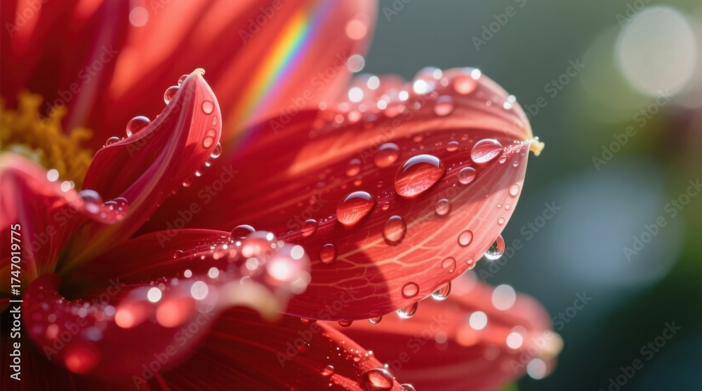 Fototapeta premium a vibrant red flower with water droplets glistening on its petals, set against a blurred background