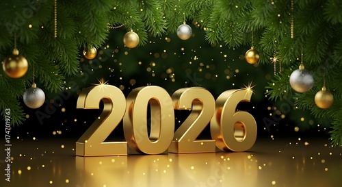 3D Golden 2026 Numbers on Floor with Pine Branches and Hanging Christmas Ornaments