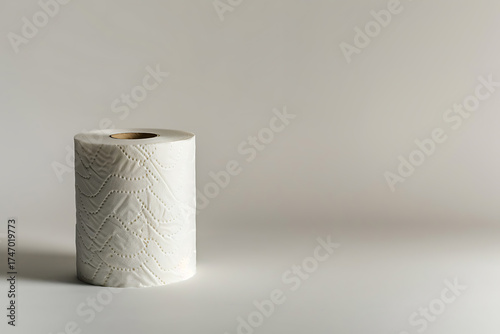 Single white toilet paper roll on clean neutral background