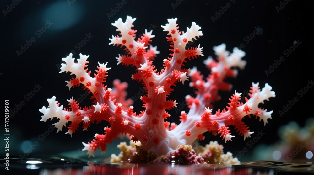 Fototapeta premium a close up of a red and white coral in an aquarium, with a blurred background The coral is vibrant and stands out against the dark background, making it the focal