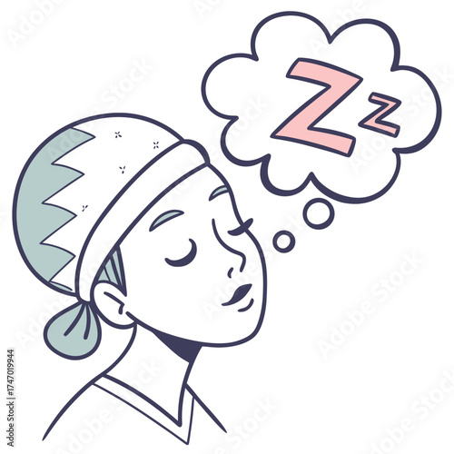 Person wearing sleep cap dreaming of zzz sleep icon