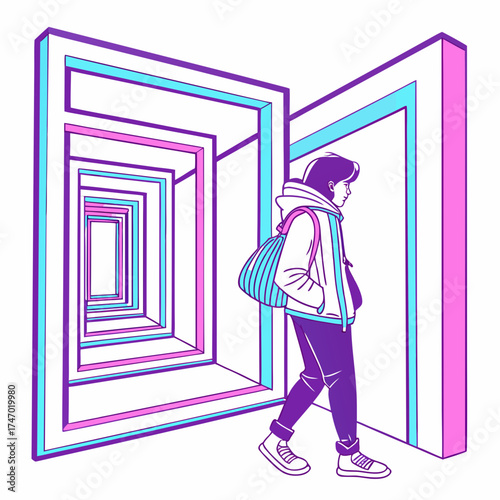Person walking through neon portal frames perspective