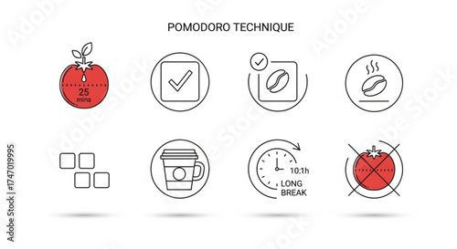 Pomodoro technique vector concept with icons of tomato, check mark, coffee bean, break, cube, cup, clock