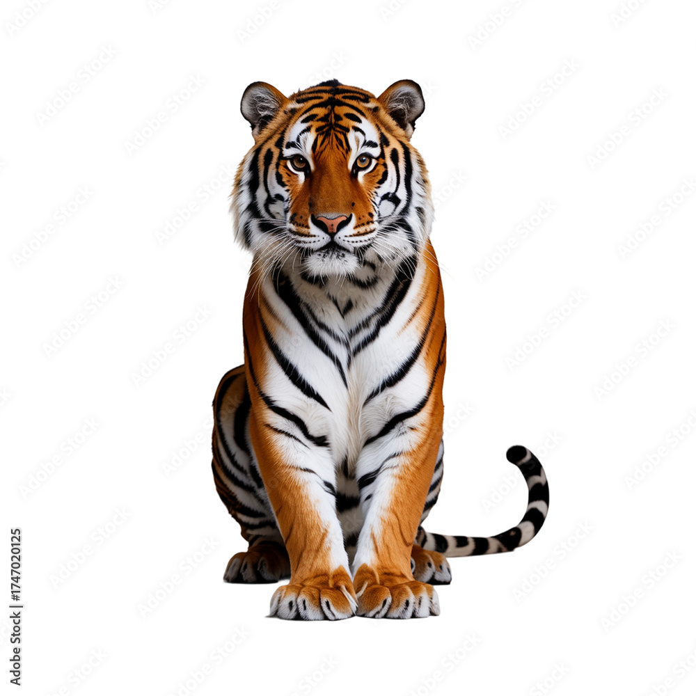 Fototapeta premium Majestic bengal tiger sitting front view png isolated on transparent background