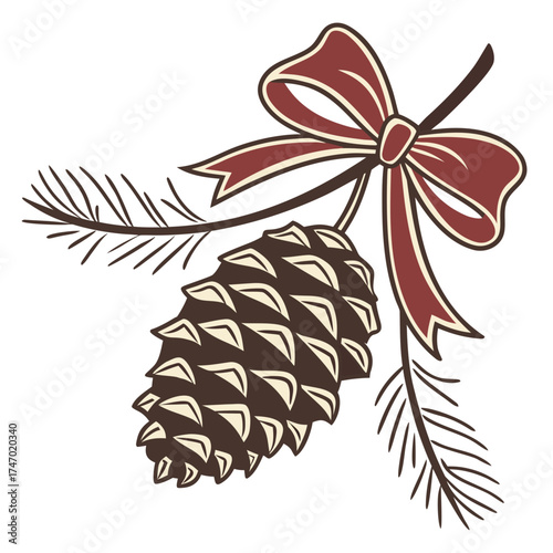 Pinecone with red bow and pine needles vector icon