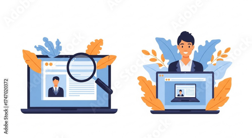 Job search and online recruitment concept, magnifying glass over resume on laptop screen, man with laptop