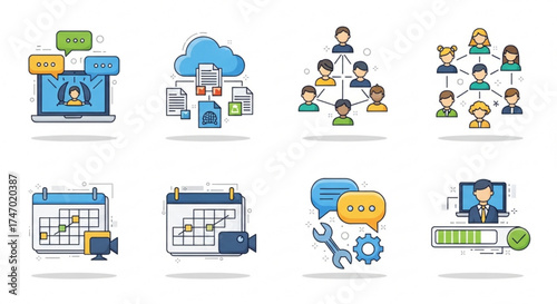 Set of business icons, communication, cloud storage, teamwork, calendar, settings, video conference