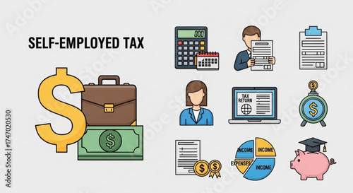 Selfemployed tax icons depicting financial elements, business tools, and personal finance