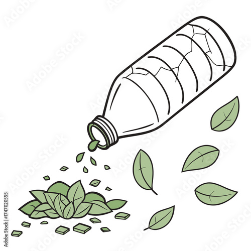 Plastic bottle breaking into green leaf particles disintegrating
