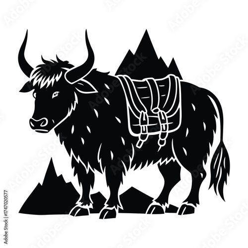 Strong Yak Silhouette Against Mountainscape, Animal Art and Graphic Illustration on White Background