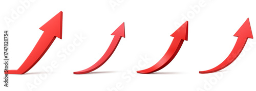 Red upward arrow set, 4 uprising arrows in one pack, transparent background, indicates business rising, growth and development
