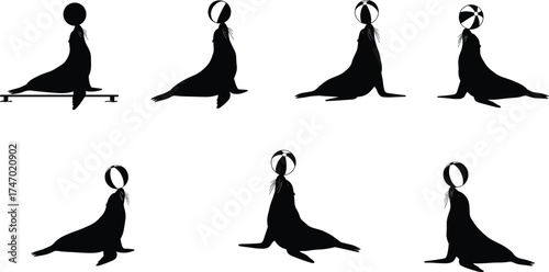 Seal Silhouettes Balancing Beach Balls in Varied Sitting Poses — Playful Animal Vector Set for Circus, Entertainment, and Kids Design Projects