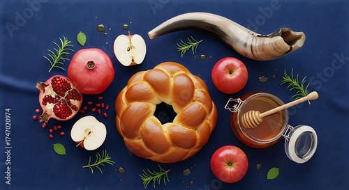 Rosh hashanah still life with challah bread and various symbolic foods