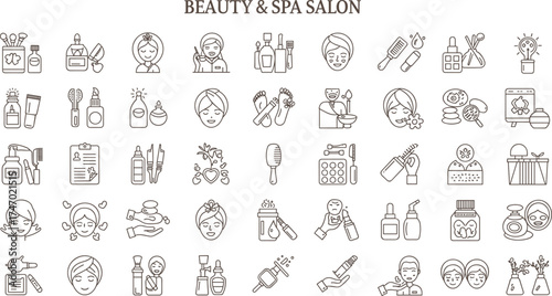 Beauty and spa salon line icon set with skincare, makeup, aromatherapy, wellness, hair care, and cosmetic treatment vector illustration