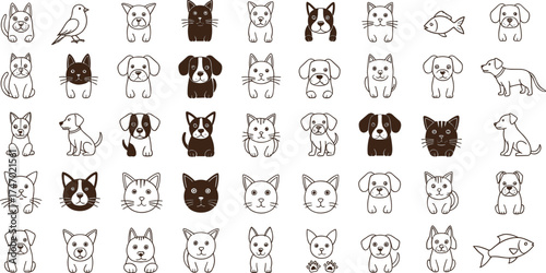 Cute animal icon collection with dogs, cats, birds, fish, and paw prints, simple line art pet vector illustration design