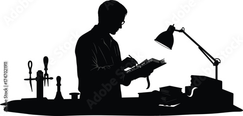 Silhouette of man writing notes at desk with table lamp and books in creative workspace concept for education research and inspiration idea illustration