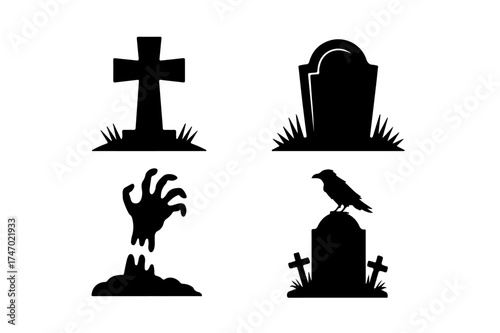 Silhouette of a graveyard scene isolated on white background featuring a cross, tombstone, zombie hand, and raven, creating a spooky and eerie atmosphere perfect for halloween or gothic themes