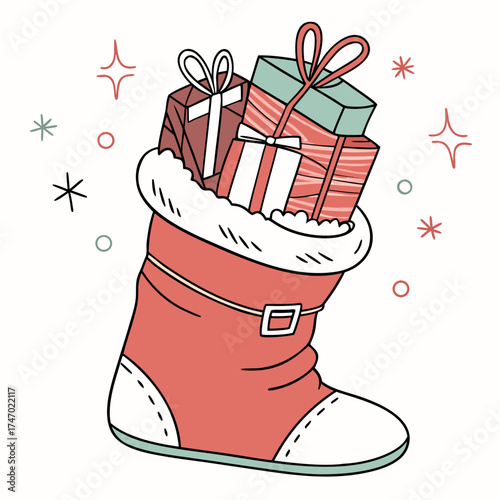 Red Santa boot overflowing with Christmas gifts christmas stocking