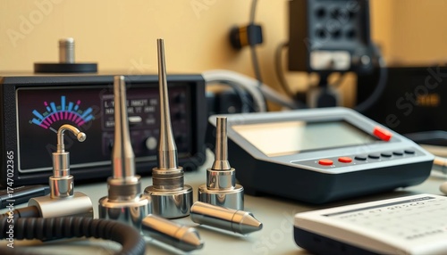 Audiologist's equipment, including tuning forks and audiometer,  ear exam,  hearing protection