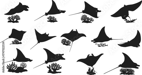 Silhouettes of Rays and Dolphins Swimming with Coral and Sea Plants — Marine Wildlife Vector Set on Gray Background for Ocean and Nature Design