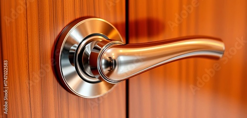 Close-up of a stylish modern door handle set, gleaming metallic finish,  material,  elegance