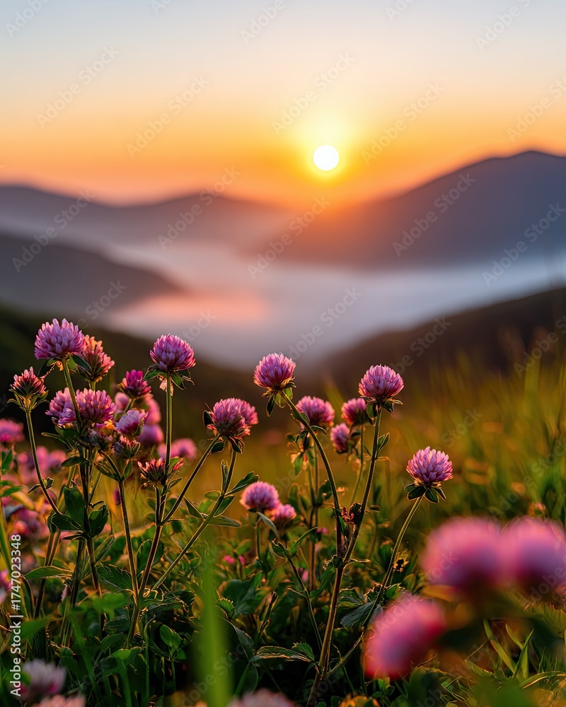 Fototapeta premium Beautiful Mountain Sunrise with Blooming Wildflowers