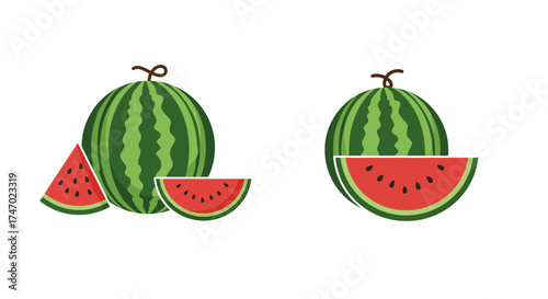 Illustration of whole and sliced watermelons with green rind and red flesh
