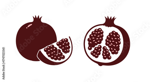 A dark red illustration depicting a whole and cut pomegranate fruit