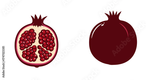 Illustration of a whole and halved pomegranate showing the seeds inside