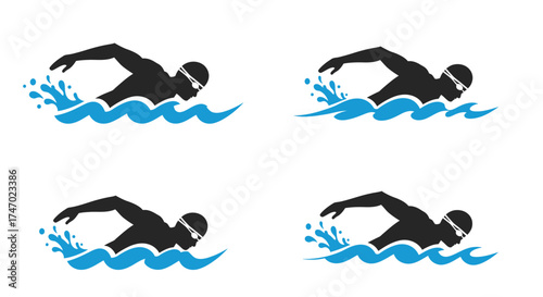 Swimmers in motion illustrated silhouettes diving through splashing blue water