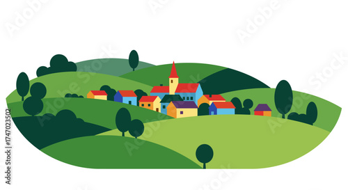 A colorful village nestled among rolling green hills and trees