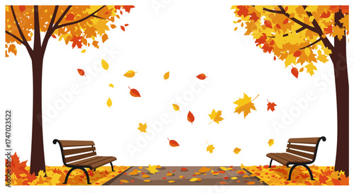 Autumn park scene with falling leaves and empty benches displayed
