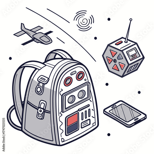 Sci fi backpack with floating drone and remote control