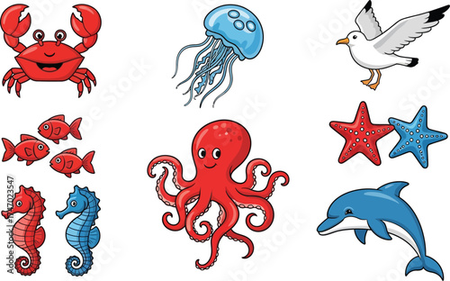 A charming collection of cartoon sea creatures, featuring a friendly crab, dolphin, octopus, fish, and other marine animals in a vibrant vector set