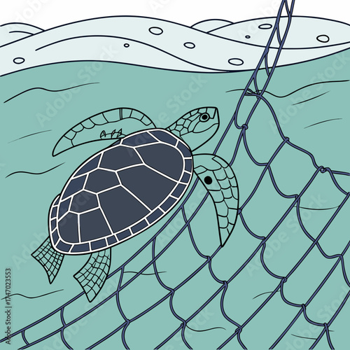 Sea turtle entangled in blue fishing net underwater