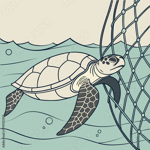 Sea turtle entangled in fishing net underwater marine life