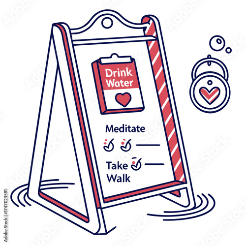Self care checklist on a red and white easel drink water