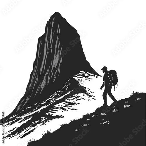 Silhouette hiker ascends steep black mountain slope
