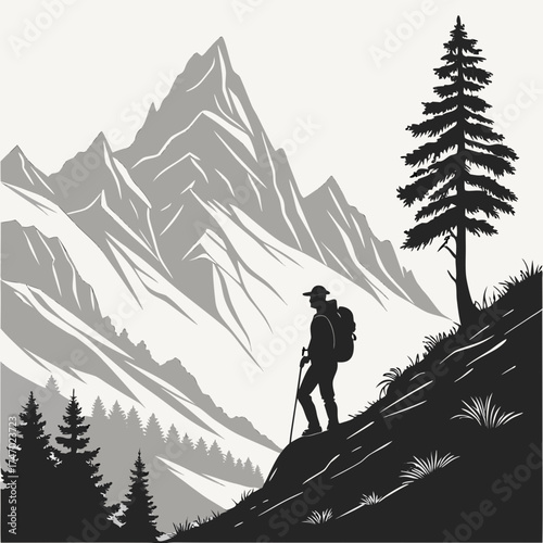 Silhouette hiker on mountain slope with pine tree and peaks 1