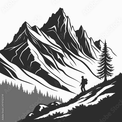 Silhouette hiker on mountain slope with pine tree and peaks