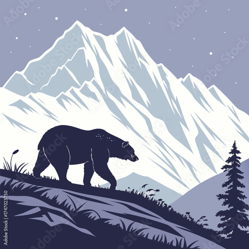 Silhouette of a bear walking in front of snow-capped mountains