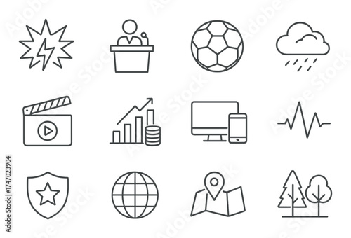 Icon set displaying energy, sports, weather, finance, technology, health, security, global, navigation, nature