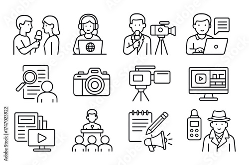 Media and journalism icons including interview, camera, and broadcasting equipment