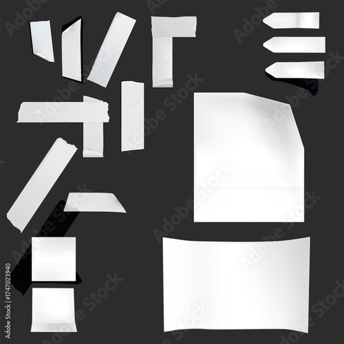Realistic glued white tape vector mockup set with curled edges, wrinkled texture, blank rectangular paper strips, adhesive sticker elements for notes, posters, and design decoration