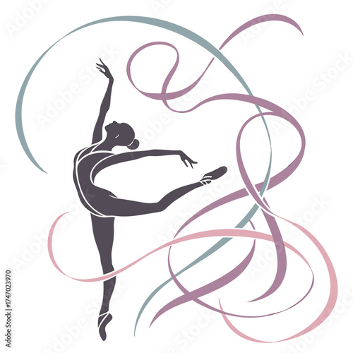 Silhouette of a dancer with flowing ribbons in pastel colors