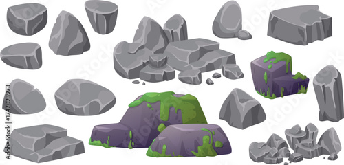 Cartoon grey stones and rock vector set with 3D boulders, pebbles, rubble, mountain cliff, and rocky terrain. Natural landscape element design for games, outdoor or adventure illustration