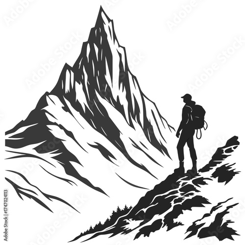 Silhouette of a lone hiker on a mountain peak climbing