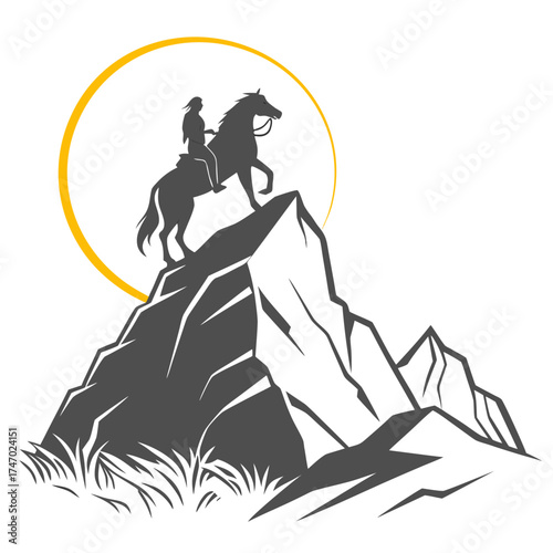 Silhouette of person on horseback atop mountain with sun outline