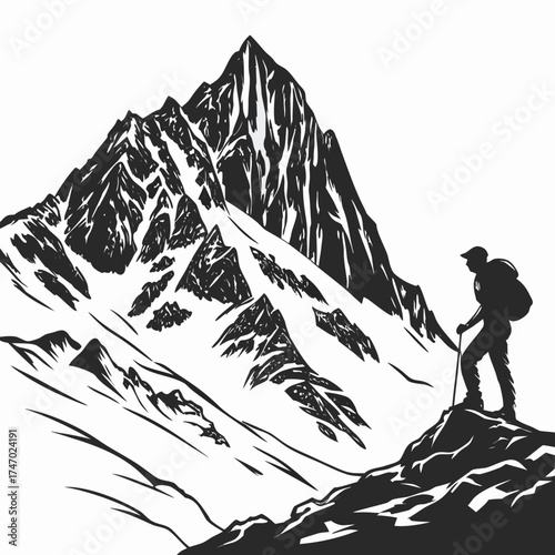 Silhouette of a hiker on a rugged mountain peak climbing